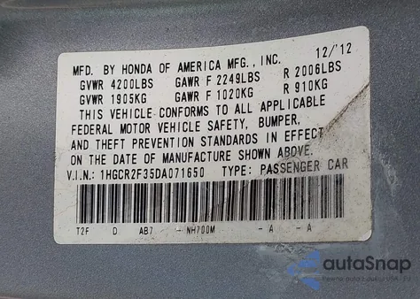 2013 Honda Accord Lx из США, поврежденный, VIN 1HGCR2F35DA071650